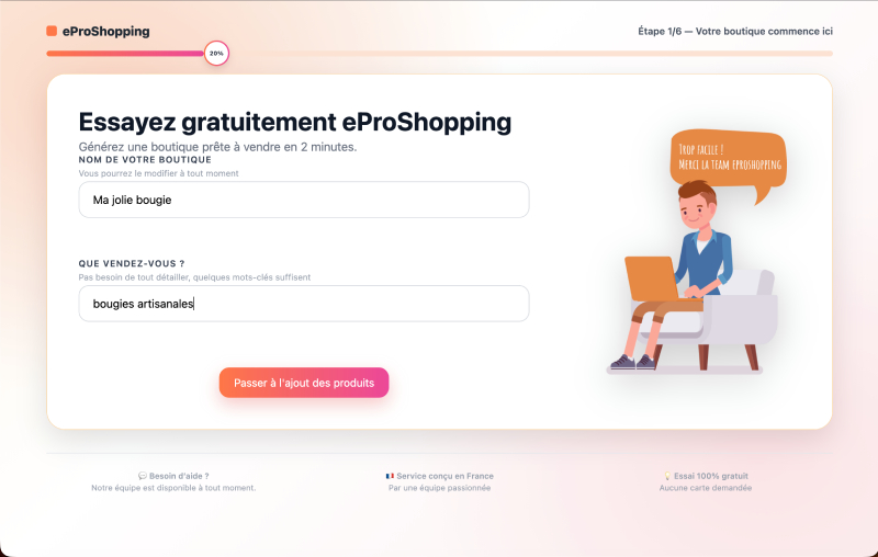 Étape 01 — Nommez votre boutique : capture d'écran de l'assistant de création eProShopping